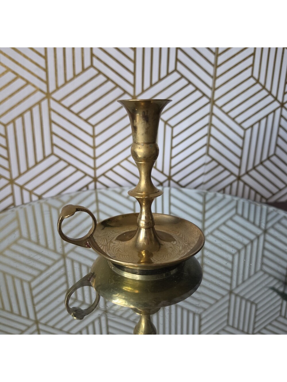 Vintage Brass Candlestick Holder Round With Handle Chamber Patina 4.5”